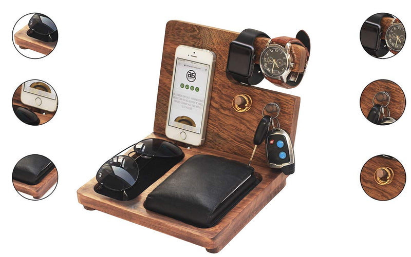 AB Handicrfafts Wooden Docking Station, Nightstand Organizer Wallet, Watch Stand Key Holder for Mom Gifts for DAD, Husband, Compatible with iPhone