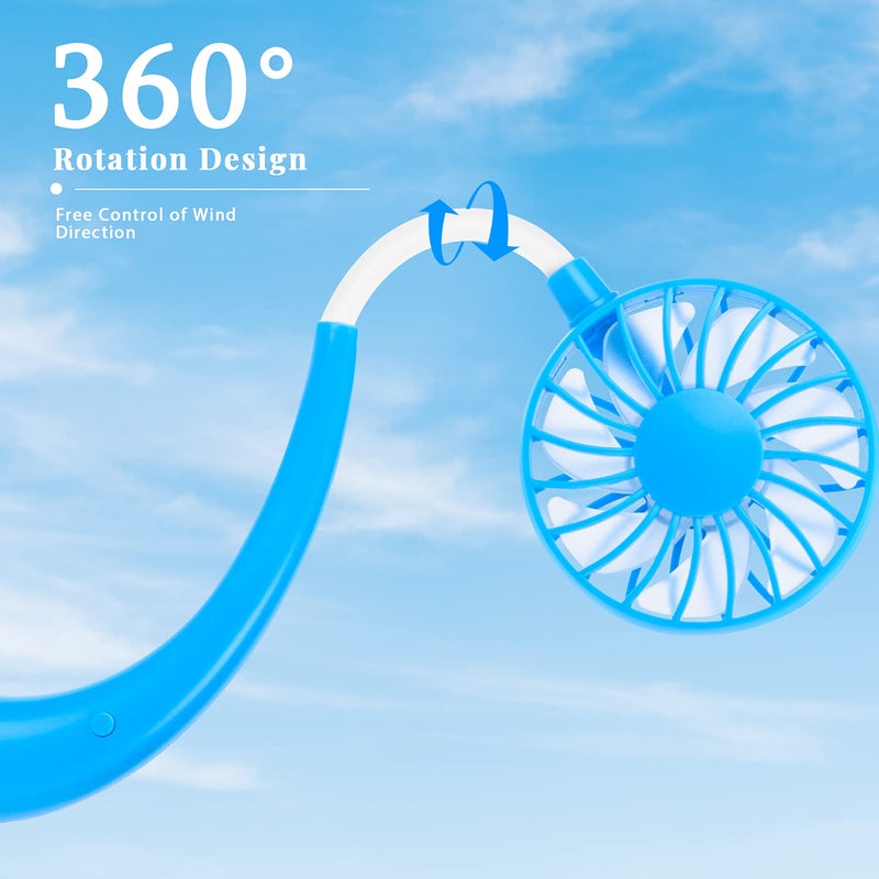 Portable Neck Fan Rechargeable Personal Hand-Free Fan Mini USB Wearable Neckband Sport Fan, 3 Speed Adjustable, 360 Degrees Free Rotation Perfect for Working, Traveling, Office, Reading (Blue) Blue