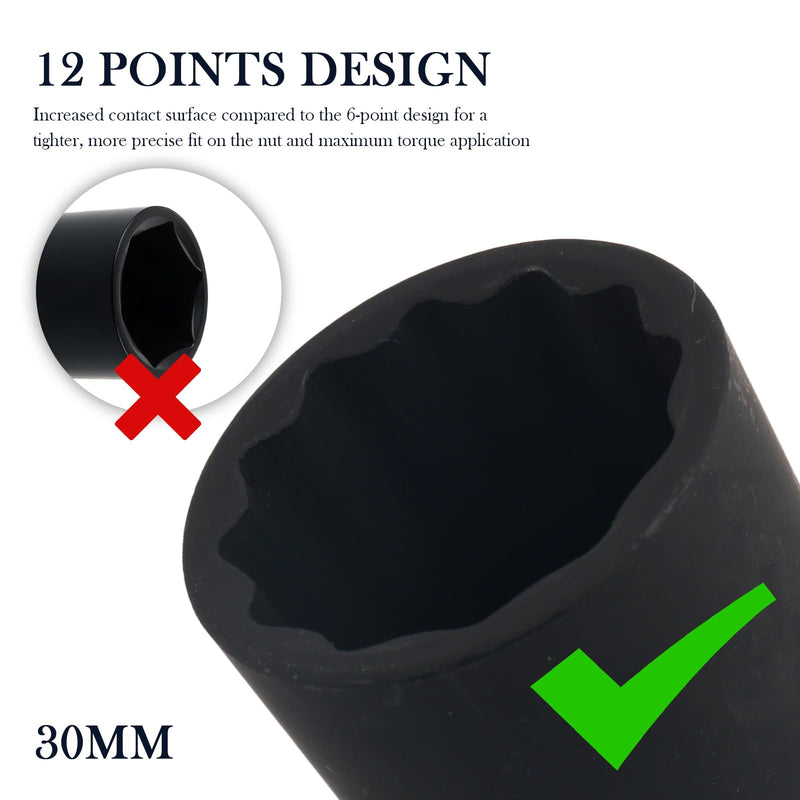 30mm Socket 1/2 Drive,30mm 12 Point Axle Nut Socket for Quick Dismantling Axle Shaft Nuts,Professional 30 mm Sockets Deep Impact Sockets Set 1/2 Drive Automotive Tools