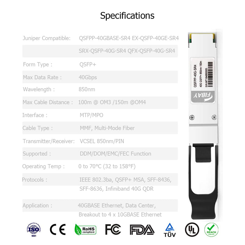 40GBASE-SR4 QSFP+ Optical Transceiver Module Compatible with Juniper QFX-QSFP-40G-SR4 EX-QSFP-40GE-SR4 QSFPP-40GBASE-SR4 850nm 100m DDM MPO-12/UPC MMF 40GBASE-SR4: 100m for Juniper 1