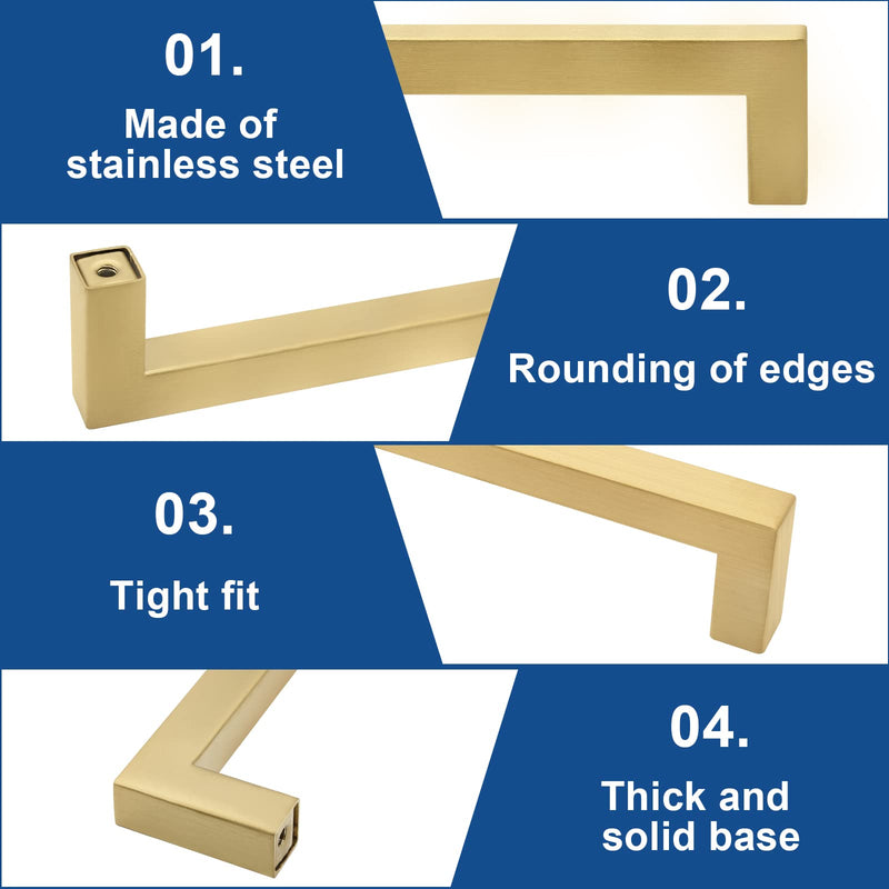 12 Pack Brushed Gold Cabinet Pulls Square Dresser Handles, 7-1/2 Inch / 192mm Hole to Hole Cabinet Handles Stainless Steel Cabinet Hardware, Kitchen Drawer Pulls for Cupboard Wardrobe Vanity Hole to Hole: 7-1/2 Inch Brushed Gold- 12 Pack