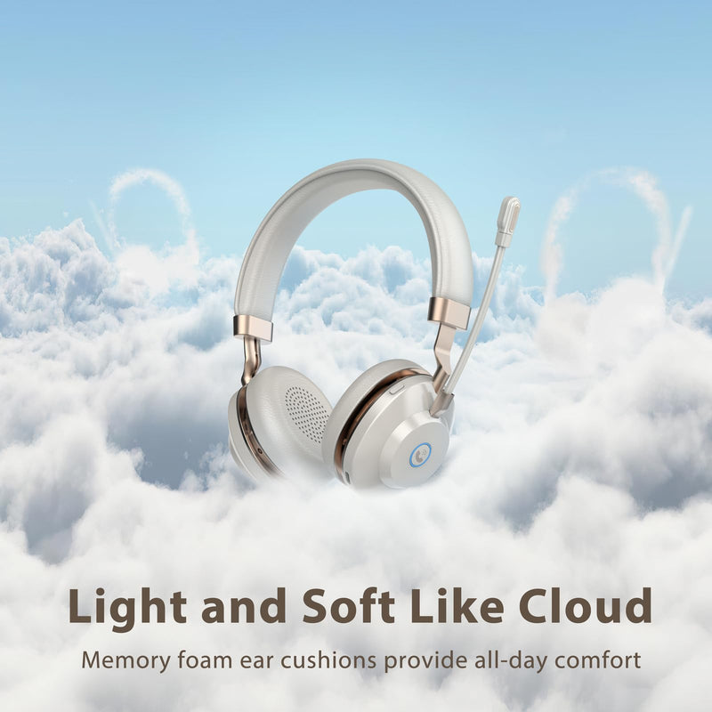 Wireless Headset with Mic for Work, Bluetooth Headset with Noise Cancelling Microphone, On Ear Wireless Headphones with USB Dongle & Mute Function for Work from Home Computer Office Teams Call Center White Gold