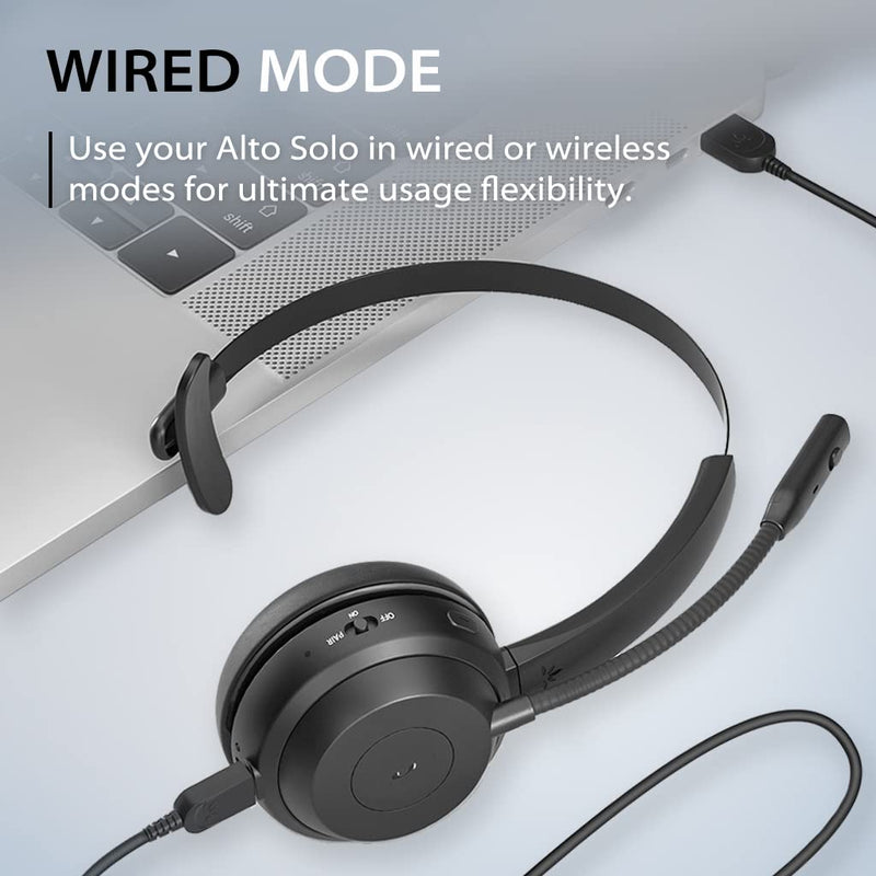 Avantree Alto Solo - Wireless Work Headset with Charging Stand | Qualcomm Bluetooth headset with CVC noise-canceling mic, mute control.