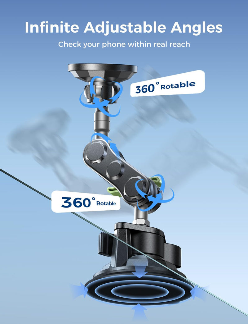 MAGIC JOHN Magnetic Car Phone Holder, Windshield Metal Suction Cup Mount | 360 Degree Rotatable, Strong Suction & Magnetic Force, Solid Metal Frame, Easy Installation Extended