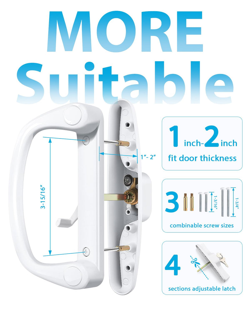 Probrico Patio Sliding Door Lock Set with Key and Mortise Lock, Sliding Glass Door Handles 45° Keyway, Reversible White Sliding Door Lock Set Fits 3-15/16" Hole Spacing, 1" to 2" Thick Doors Handles(Keyed) + Mortise Lock
