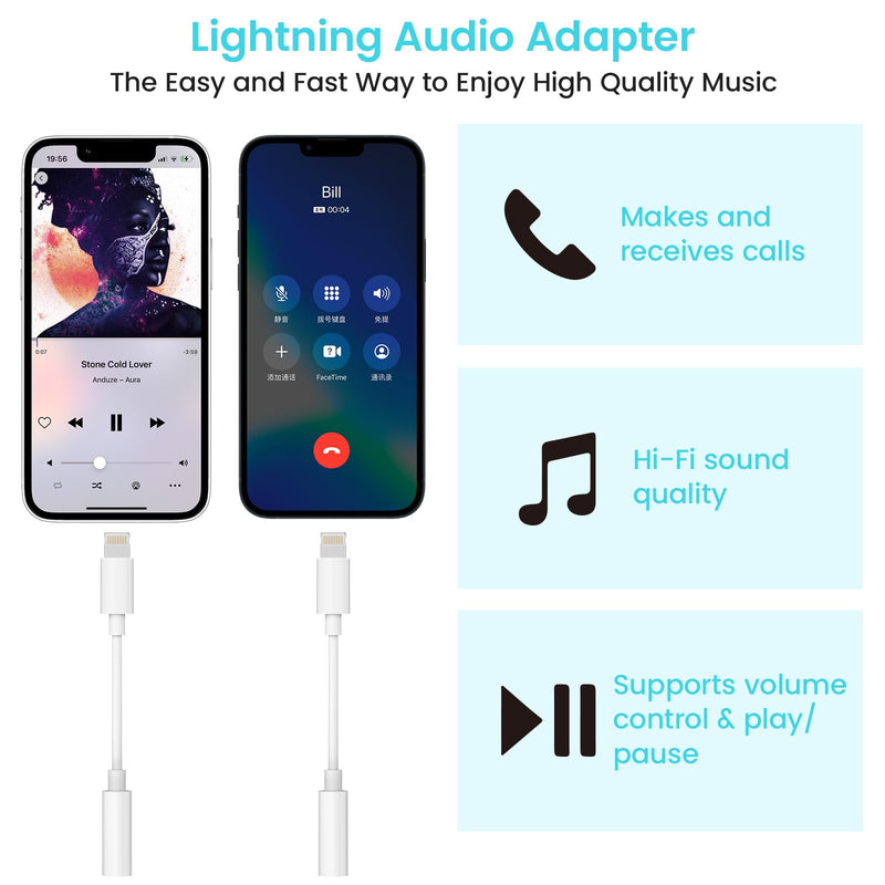 [Apple MFi Certified] 2 Pack Lightning to 3.5mm Headphone Jack Adapter for iPhone Aux Adapter Converter Dongle Audio Cable for Apple iPad/iPhone 14/13/12/11/X/XS - with Microphone