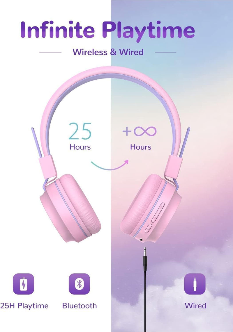 iClever Kids Bluetooth Headphones LED Light Up with Safe Volume, 25H Playtime, Stereo Sound Mic, Bluetooth 5.0, Foldable, On Ear Kids Wireless Headphones for Tablet/Airplane/Travel (Light Pink) Light Pink