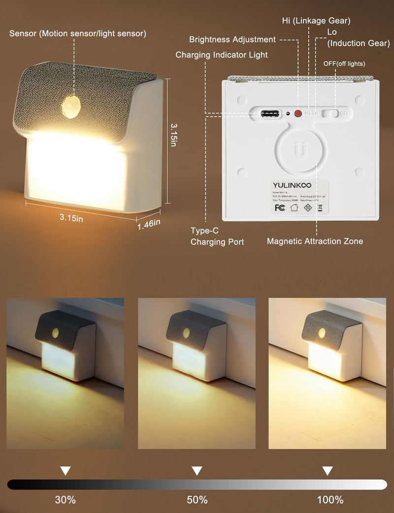Linkage Stair Lights Motion Sensor Indoor, Magnetic Stick-On LED Wall Light, Dimmable Warm White Light, Rechargeable Motion Activated Light, for Hallway, Bedroom, Stairs, Kitchen 3 Pack