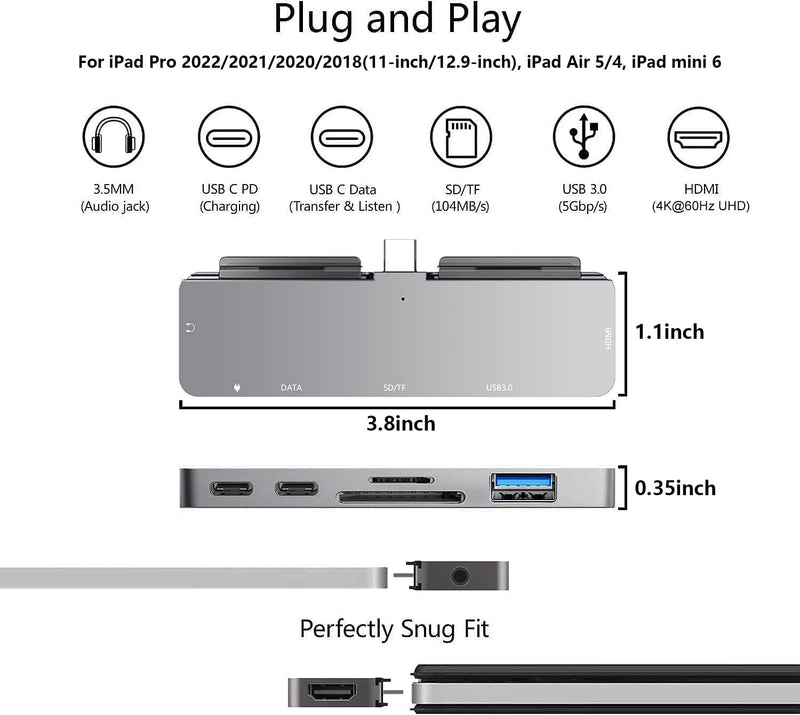 iPad Pro M4/M2/M1 13/11/12.9, iPad Air 5, 7 in 1 Adapter - 4K 60Hz HDMI, 3.5mm Headphone Jack, USB3.0, USB C PD Charging & Data, SD/Micro SD Card Reader 7 in 1 4K60Hz