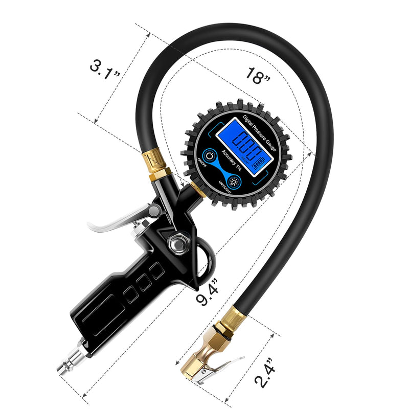 Nilight 50026R Digital Tire Inflator Pressure Gauge,250 PSI Air Chuck and Compressor Accessories Heavy Duty with Rubber Hose Quick Connect Coupler for 0.1 Display Resolution Tire Pressure Gauge Style 1