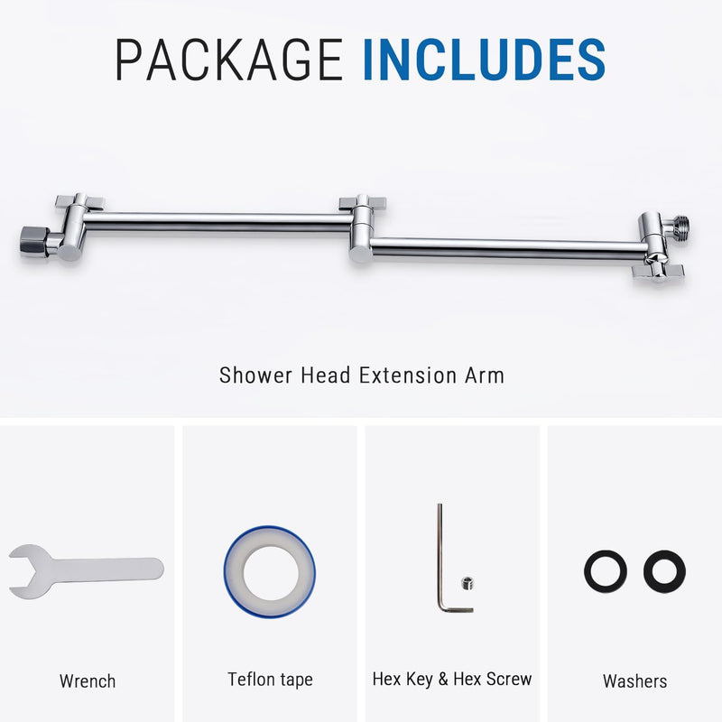 G-Promise 18 Inch Shower Head Extension Arm, Solid Brass Height & Angle Adjustable Extender, Rise or Lower Rainfall and Fixed Shower Head (Chrome) Chrome