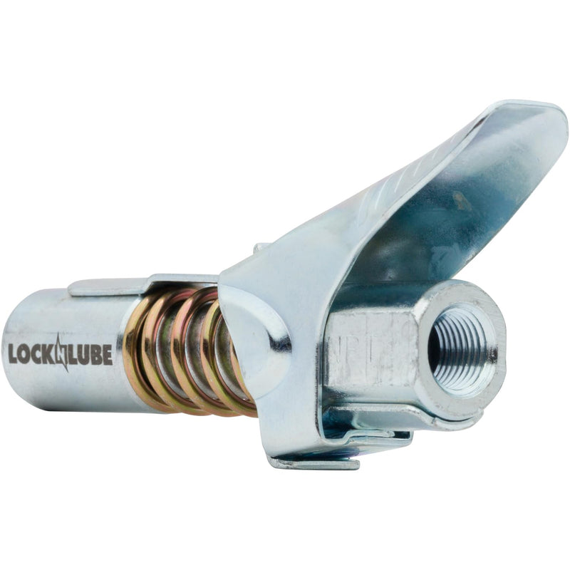 LockNLube Grease Gun Coupler locks onto Zerk fittings. Grease goes in, not on the machine. World's best-selling original locking grease coupler. Rated 10,000 PSI. Long-lasting rebuildable tool. NPT With Spare Rebuild Kit