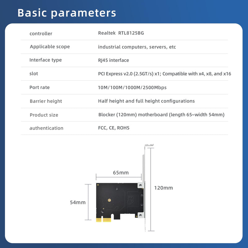 Single Port 2.5gb Gigabit Network Card with Realtek RTL8125BG RJ45 Port LAN NIC Card, PCI Express 2500Mbps Ethernet Server Adapter PCIe 2.0 x1 Support Windows Server/Linu