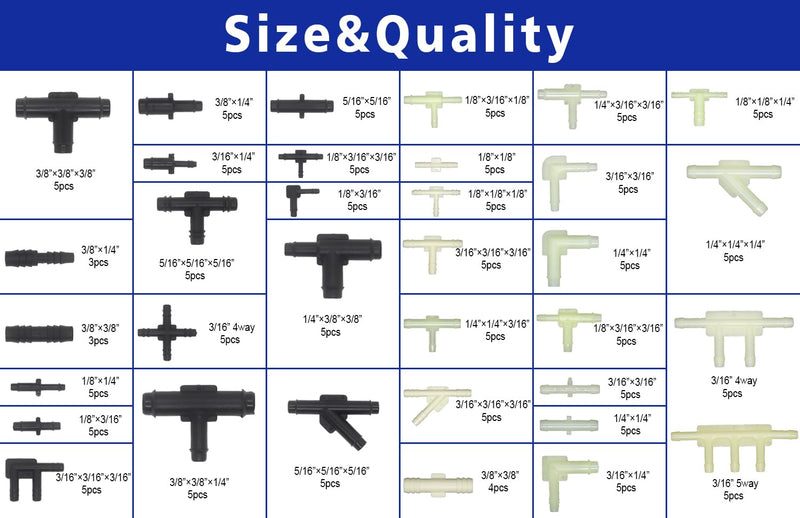 34 Size 165 PCS Automotive Vacuum Tubing Connector Vacuum Tee Connector Assortment Kit 1/8" 3/16" 1/4" 5/16" 3/8"