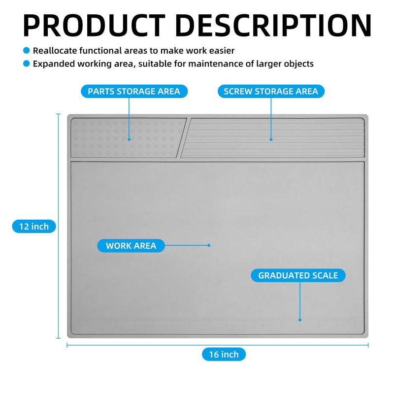 Grey Soldering Mat Heat Resistant 932℉ Solder Mat, With Scale Ruler And Screw Position, Silicone Repair, For Electronics, Computer, Phone, Magnetic Work, Indicators, Size 16 * 12 in Gray 160 XL