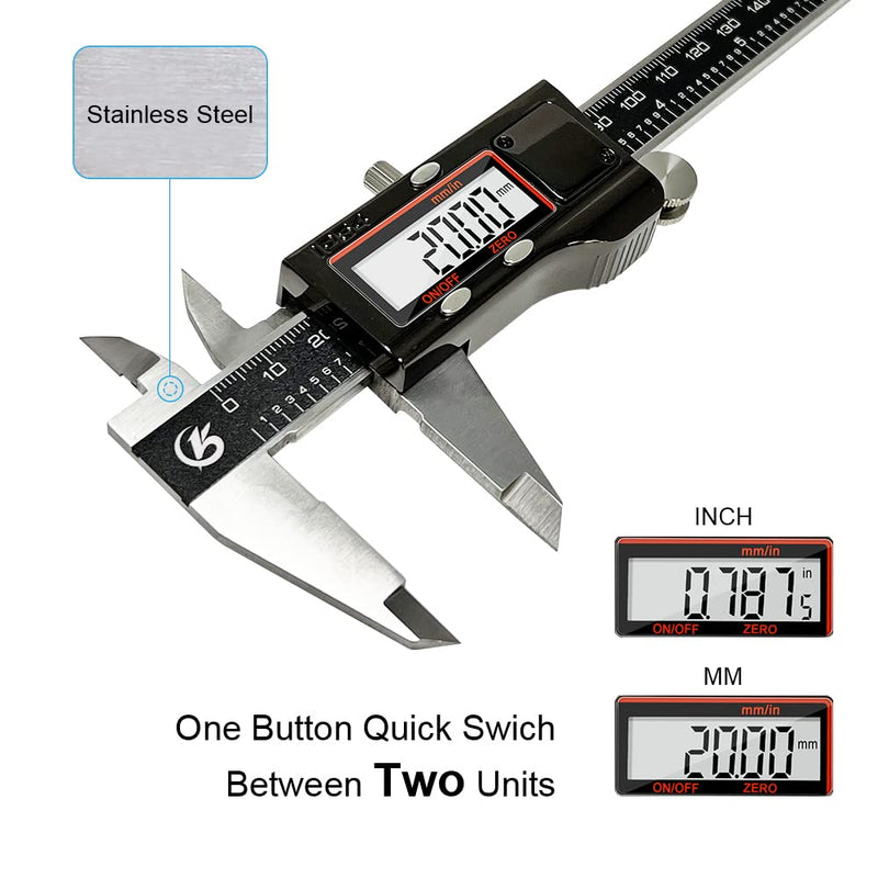 KETOTEK Digital Caliper Measuring Tool, IP54 Waterproof Stainless Steel Electronic Vernier Caliper 6 Inch/150mm Digital Micrometer with Large LCD Screen Black