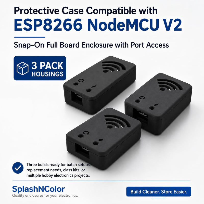 SplashNColor Protective Case Compatible with ESP8266 NodeMCU V2 – Snap-On Full Board Enclosure | Port Access | 3 Pack Housings for IoT Microcontroller Projects