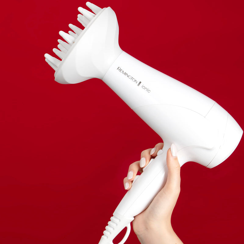 Remington Hair Dryer, Ionic Conditioning, 2200W, 3 Heat & 2 Speed | Frizz-Free, Shiny Results, Includes Diffuser and Concentrator attachments, 2 Speed Settings for Versatile Styling White