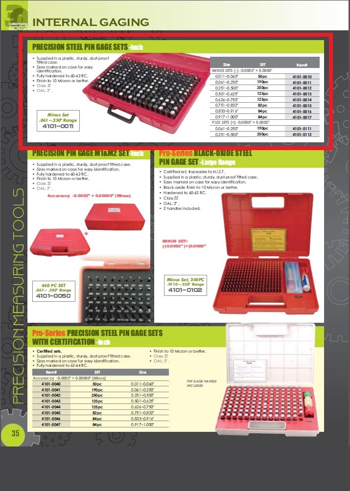 HHIP 4101-0010 (M0-) Pin Gage Set (0.011" - 0.060"), 50 Piece 50 Piece, 0.011-0.060" Size Minus -Standard Inch Set