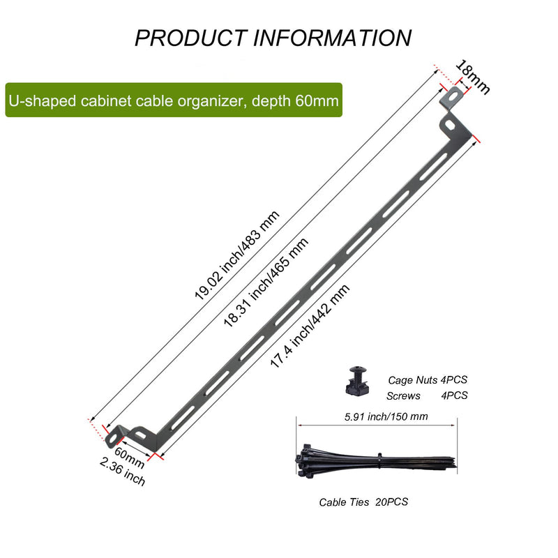 0.5U Rack Horizontal Mountable Cable Lacing U Bar, 19" Cabinet | Depth 2.36" ,with 4pcs Cage Nuts & Screws, 20pcs Cable Ties, fit for Network Cabinet Mount Wire Management