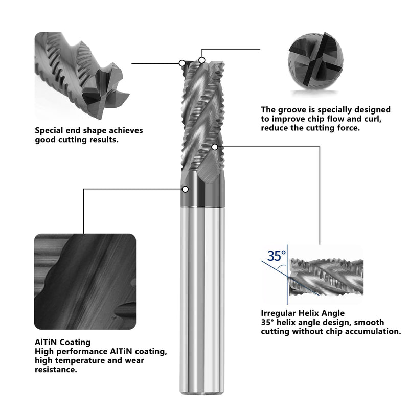1/2" Tungsten Carbide Roughing End Mill 4 Flute Square Endmill Set CNC Milling Bits with AlTiN Coated for Alloy Steels/Hardened Steels 1/2 in