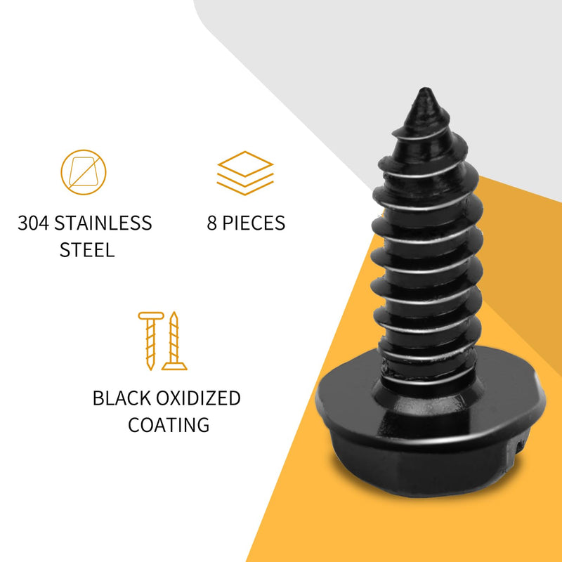 Aujen License Plate Screws, Rustproof Stainless Steel License Plate Screw Kit, Suitable for Screw Holes Size of 3/4" x 1/4" License Plate Bolts, Black License Plate Screws for Most Vehicles (8 Pcs)