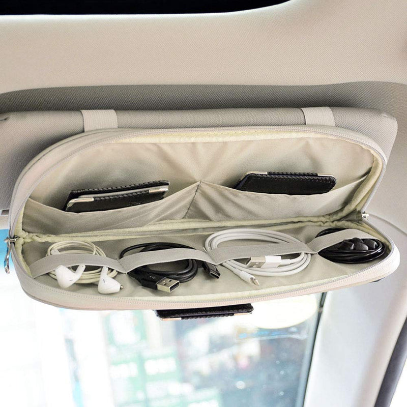 Da by Car Sun Visor Organizer, Multi-Pocket Visor Organizer Storage Pouch for Cars, SUVs & Trucks with Double Zippers, Elastic Bands & Glasses Clip - Organizes Essentials Keep Tidy (Cream Grey) Cream Grey