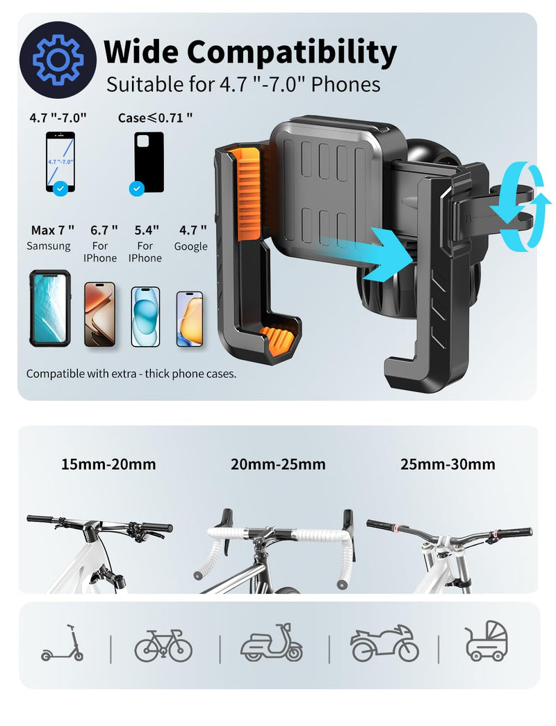 Motorcycle Phone Mount, [No Block Camera] Bike Phone Holder Mount, [Silicone Wrapped] Handlebar Cell Phone Mount for Bike/Scooter/ATV, Fits iPhone 16/15/14/13 Pro Max & 4.7"-7" Phones, Black