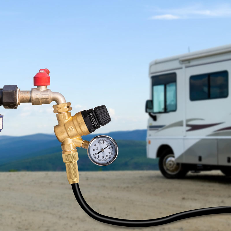 RV Water Pressure Regulator Valve for Camper, Regulate Valves with Strainer, Made of Leadless Brass, RV Water Pressure Regulator with Pressure Gauge