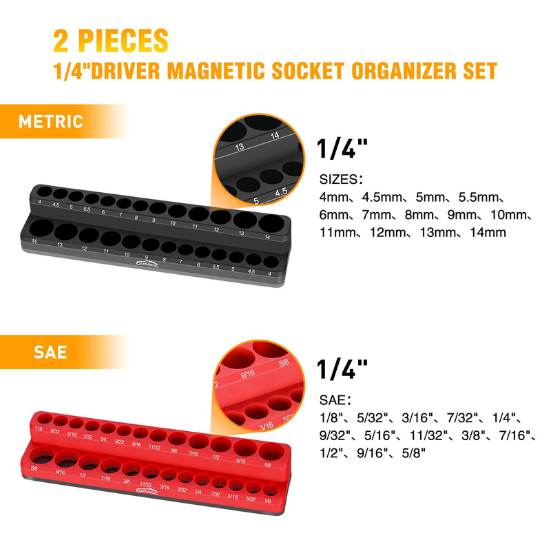 GOOACC 1/4" Magnetic Socket Organizer Set, 2-Piece Metric & SAE Socket Drive Holders, 1/4 inch Drive Socket Organizer Set Holds 52 Standard Sockets for Tool Box 1/4" SAE & Metric