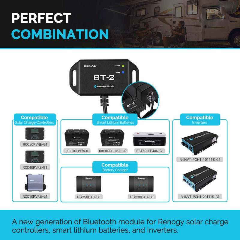 Renogy BT-2 Bluetooth Module RJ45 Communication Port Wirelessly Monitor Real-time Insight Precise Control, Compatible Solar Charge Controllers, Battery Charger, Inverter, BT-2 RS485 Bluetooth Module RS485