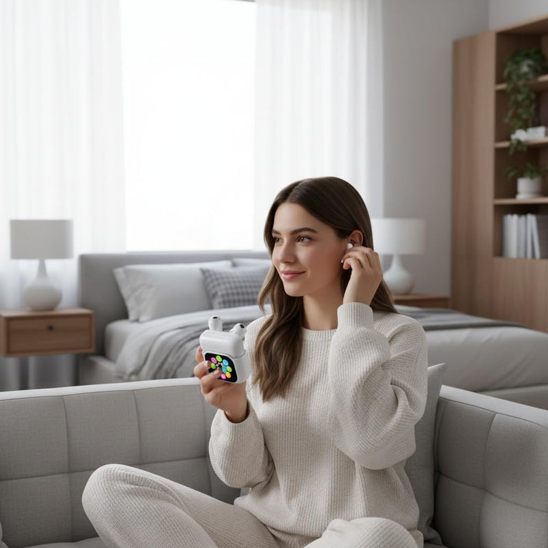 Equipped with a Full-Color LCD Touchscreen on its case, These Earbuds Create a self-contained Command Center. with a Simple tap, You can Handle Music, Calls, Noise Cancellation, and Battery Checks