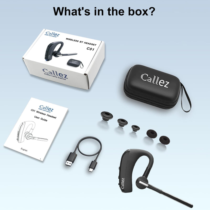 Callez Bluetooth Headset with CVC8.0 Dual Mic Noise Cancelling for iPhone | Bluetooth Earpiece V5.0, Wireless Headset for Android Cell Phone Trucker Business Office Work, Clear Chat, Super Light Black