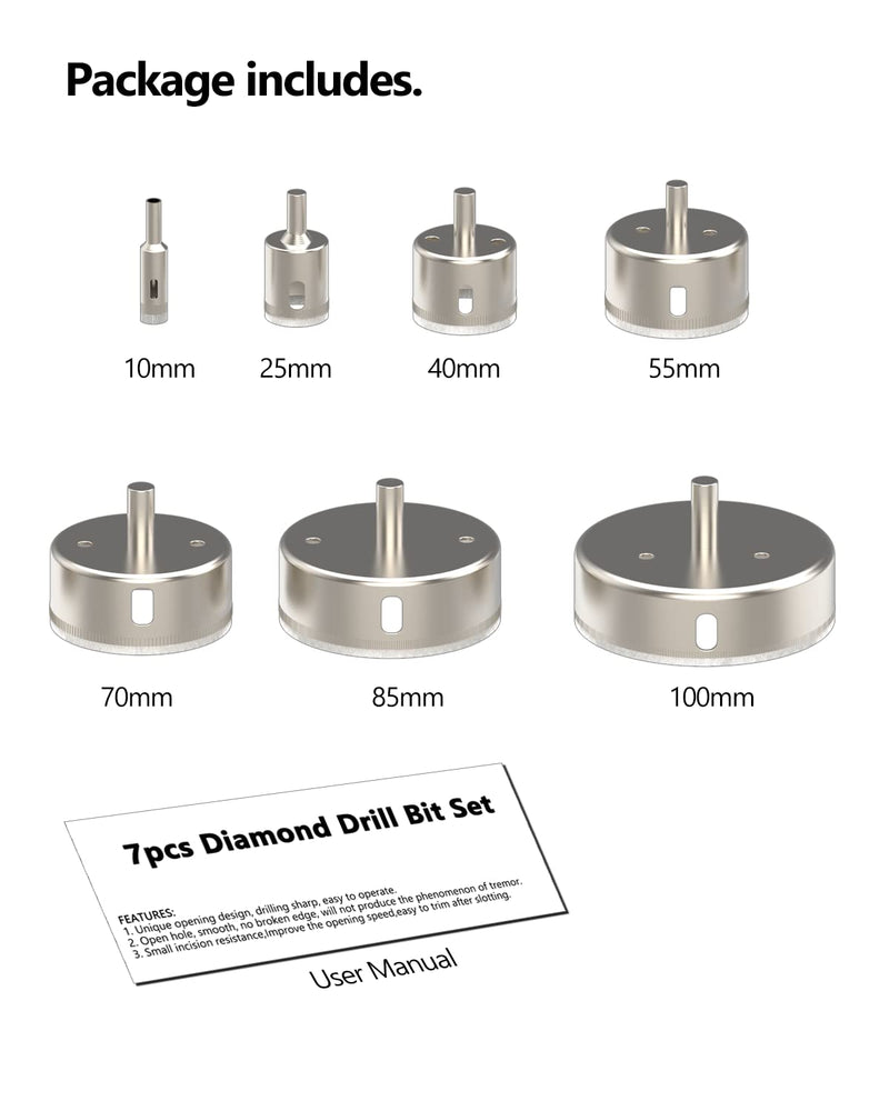 Diamond Drill Bit, ROFMAPLE 7pcs Glass Drill Bits Include 10/25 / 40/55 / 70/85 / 100 mm for Glass, Marble, Granite Stone