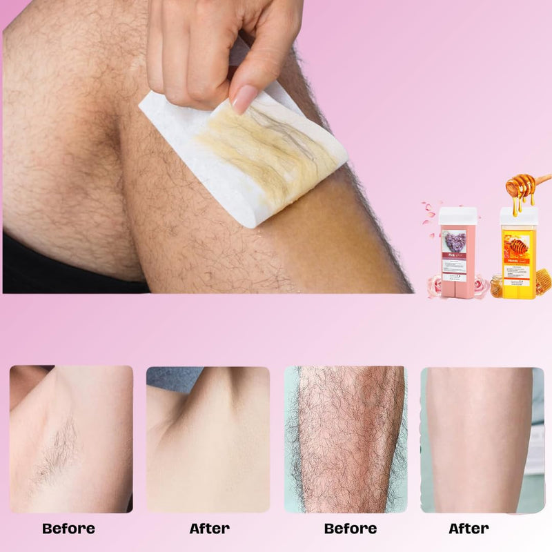Roll On Wax Kit for Women & Men, At Home Waxing Kit with Wax Warmer, 2 Honey & Rose Roller Cartridges, 100 Wax Strips, 10 Wipes, Hair Removal for Legs Arms Bikini, Sensitive Skin Pink
