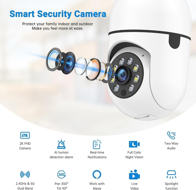 Chpuss Light Bulb Security Camera, 5G& 2.4GHz WiFi Security Cameras Wireless Outdoor for Home Security, 2-Way Audio Color Night Vision, Motion Detection Siren Alarm 1Pack - 5G & 2.4GHz