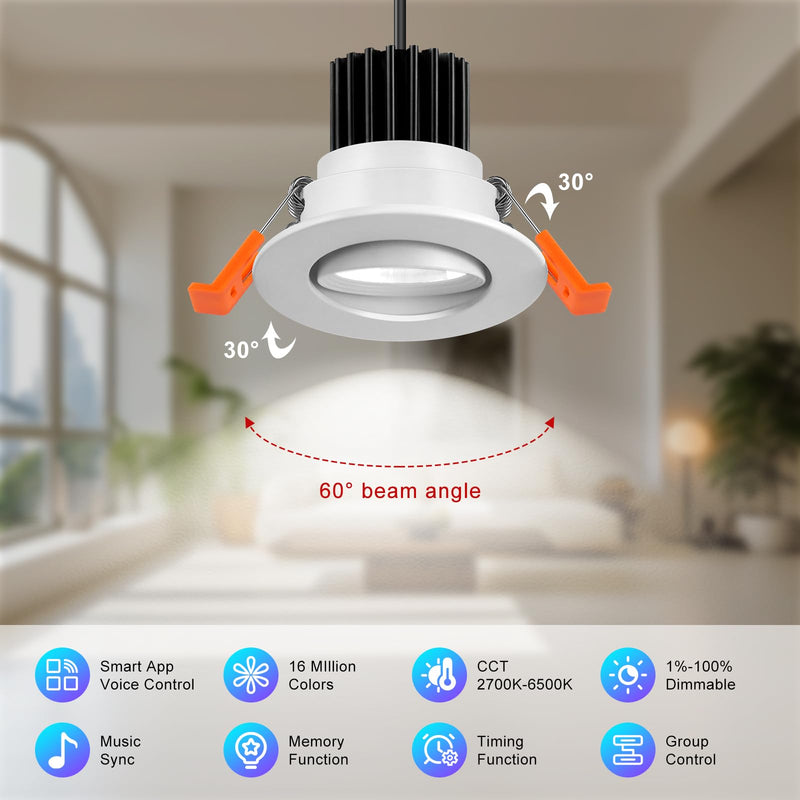2 Inch Smart Recessed Lighting, 5W RGB WiFi LED Downlight, Dimmable RGB Color Changing & CCT 2700K–6500K, Compatible with Alexa & Google Home, 120V Round Recessed Ceiling Light with Driver (4 Pack) 4 Pack
