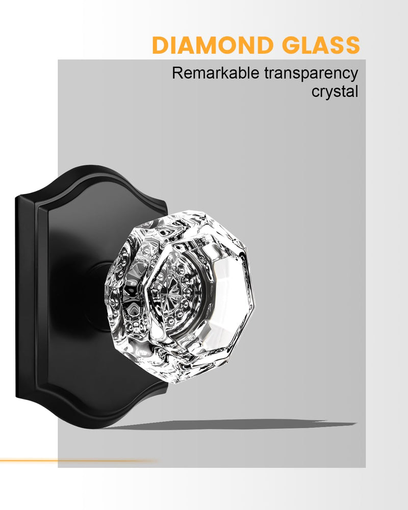 Gobrico Matte Black Dummy Crystal Door Knobs, Single Side No-Turning Glass Door Handles, 2 Pack Inactive Diamond Octagonal Knob Sets
