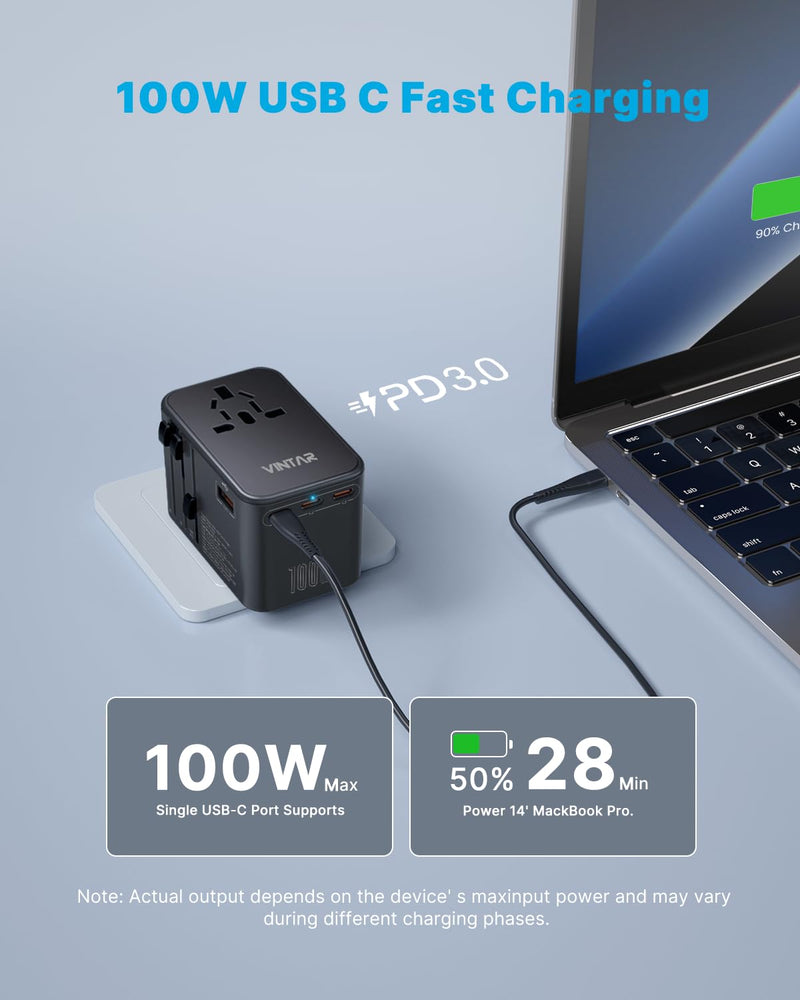 Universal Travel Adapter, VINTAR 100W GaN International Power Adapter with 3 USB C PD and 1 USB A QC, All in One Plug Adapter, Travel Adapter Worldwide for EU/UK/USA/AUS(Type C/G/A/I) 100W-Black