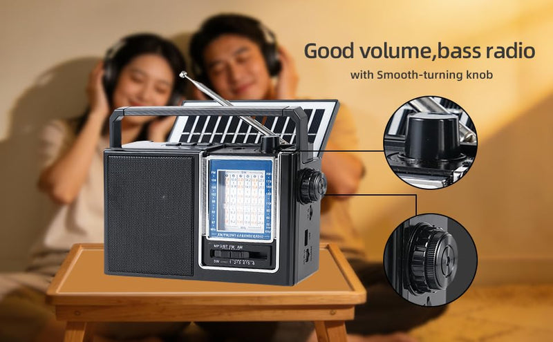 Portable Radio AM FM,Bluetooth, Rechargeable Retro Radio with Best Sound, Solar/D Battery*2pcs Operated/USB Charging, TWS, Support TF Card/USB Playing,Earphone Jack(Model RX-252S)