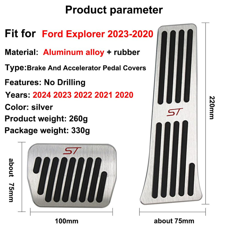 for Ford Explorer 2024 2023 2022 2021 2020 Aluminum Performance Pedals Set Non-Slip Accelerator and Brake Pedals Cover No Drill Brake Gas Accelerator Accessories 2Pcs(ST) ST