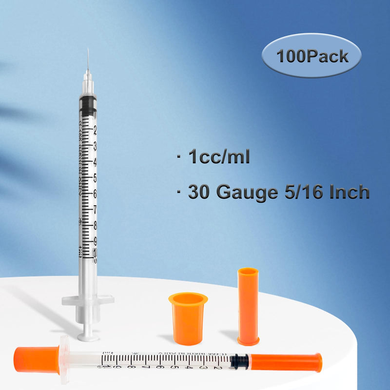 100 Pack U-100 1ml 30G 5/16 Inch (8mm) Syringes with Needle, Individual Wrapped 1ml 30G 5/16" 100 Pack
