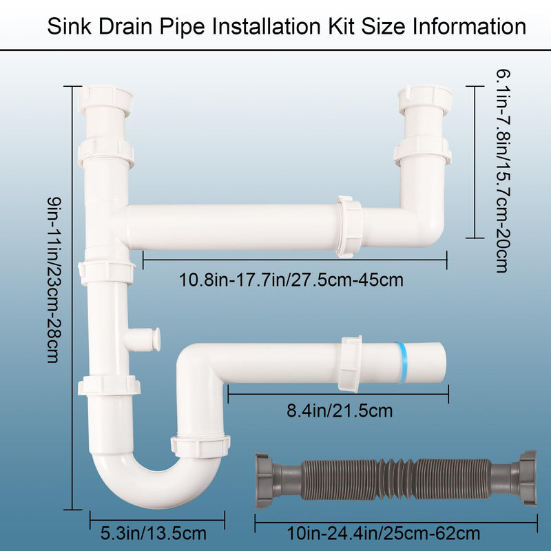 Universal 1-1/2" Kitchen Sink Drain Kit, Space-Saving kitchen drain P-trap With retractable flexible Pipe Completed Sink Pipe Replacement Kit (DIY Installation) Double Sink Drain Kit White