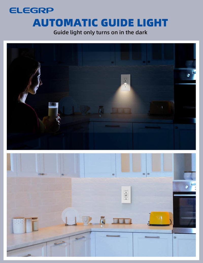 ELEGRP GFCI Outlet w/Nightlight, 15 Amp Self-Test GFI Electrical Outlet, Thinner Design, Tamper Resistant GFCI Receptacle, Ground Fault Receptacle w/Wall Plate, UL Listed, Matte White, 2 Pack 15 Amp Outlet