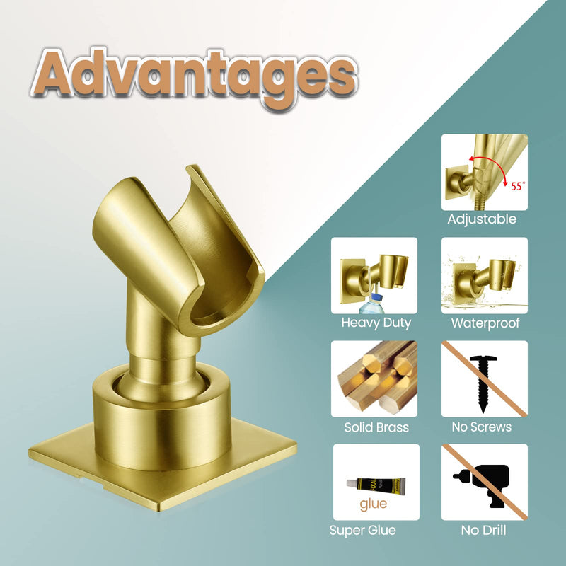 Shower Head Holder Handheld Shower Wand Holder Adjustable Shower Head Bracket Shower Wall Mount Holder, Brushed Brass/Gold Finish, Drill Free Glue Installation Brushed Gold
