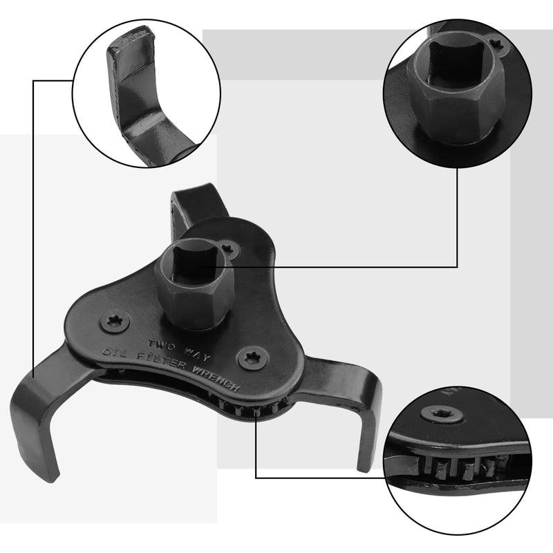Universal Adjustable Oil Filter Wrench, Carbon Steel, Black, 1/2 & 3/8 Inch Square Drive Socket, 3-Jaw & 2-Way Design Black 2 1/8-4 1/2 Inch