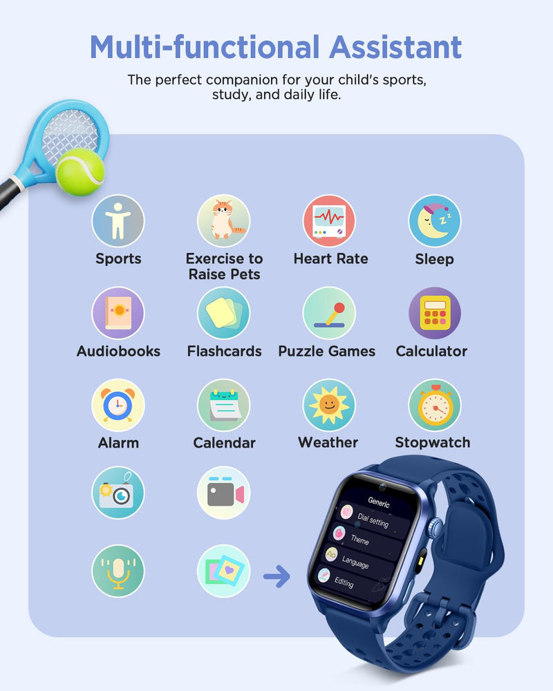 Smart Watch for Kids No App or Phone Needed, IP68 Waterproof, Flashlight | Kid Fitness Watches Pedometer, 24/7 Heart Rate, , Sleep Monitor, Puzzle Games for Boys&Girls Ages 4-12, Blue Max: 222 mm Min: 157 mm