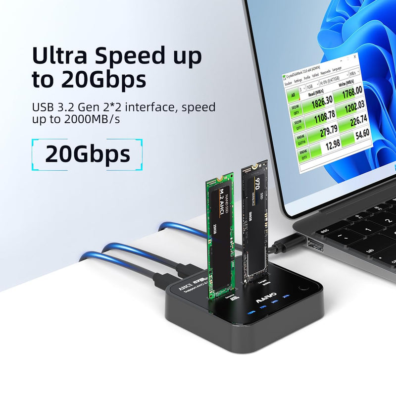 MAIWO Dual Bay M.2 NVMe Duplicator Cloner Dock, Support Max 2 x 4TB 20Gbps AHCI to NVMe Clone, PCIe SSD Read&Write&Clone for 2230/2242/2260/2280/22110 SSDs K3016P2