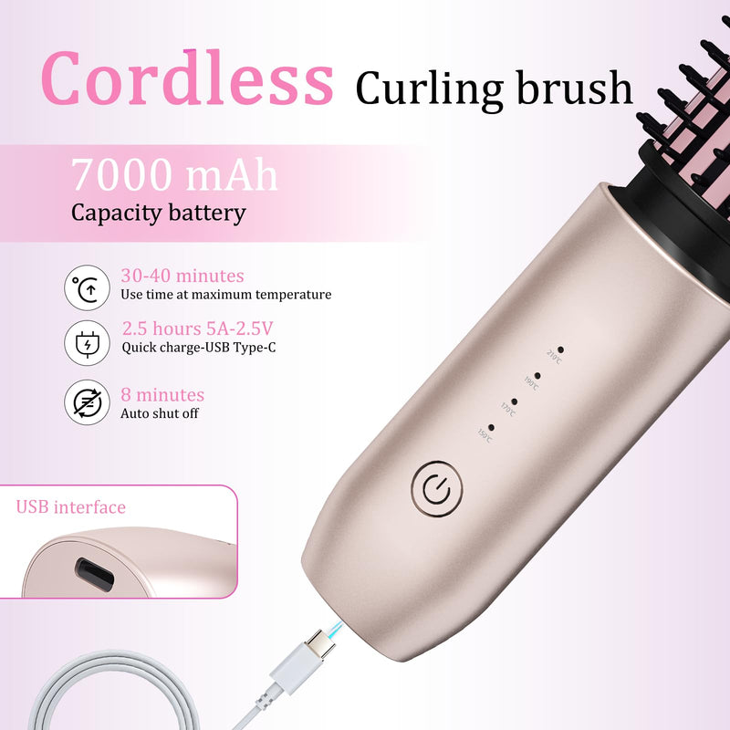 Cordless Curling Brush, Travel Hot Brush Cordless Hair Curler Straightening Brushes, 7000mAh Portable Heated Curling Brushes USB Rechargeable Ionic Hot Air Styler for Hair Styling, Pink