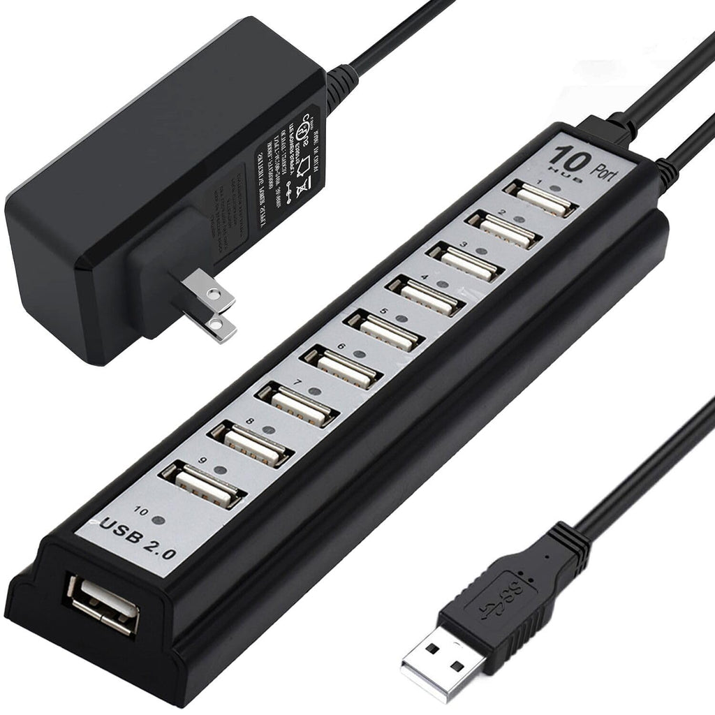 Powered USB Hub 2.0, VIENON 10-Port USB Hub USB Extender Splitter (Support Smart Charging + Faster Data Transfer) with Individual LED Indicator Light for MacBook, PC, Laptop, All-in-One Powered 10-Port